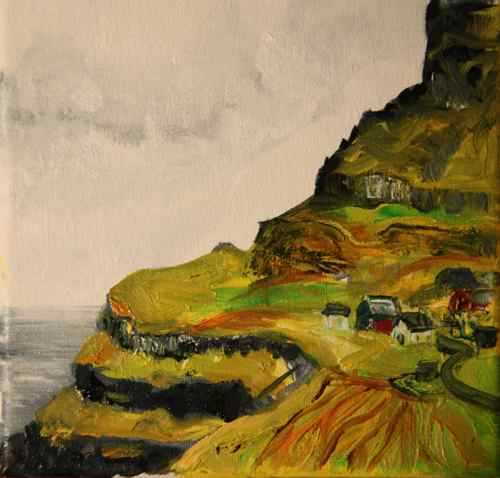 Faroe Island village: oil painting