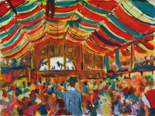 original oil painting of the Hippodrom tent at Oktoberfest in Munich, Germany