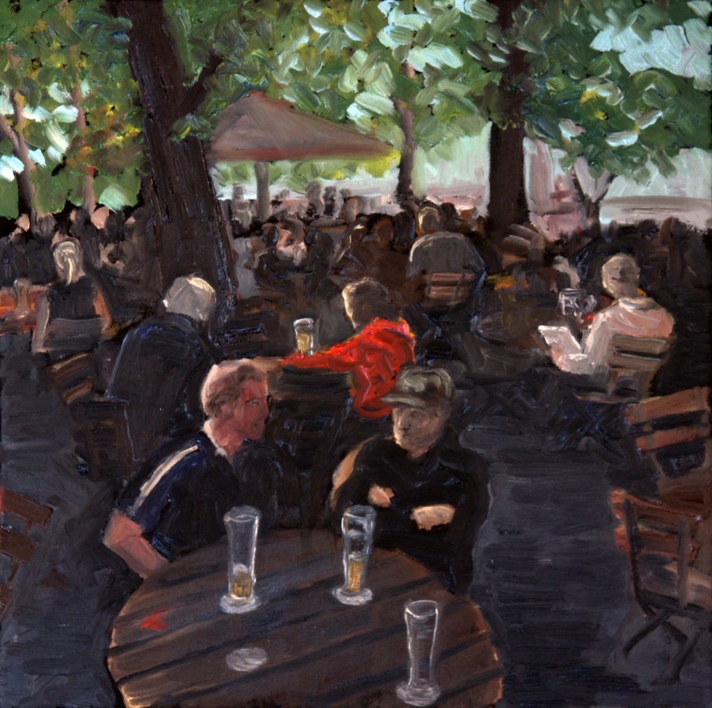 Original oil painting After Work in the Beer Garden