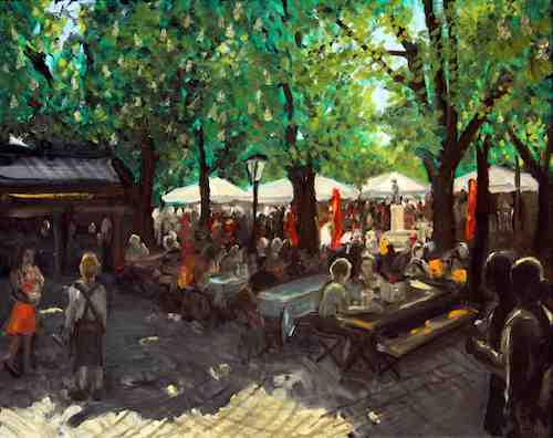 Original oil painting Viktualienmarkt beer garden