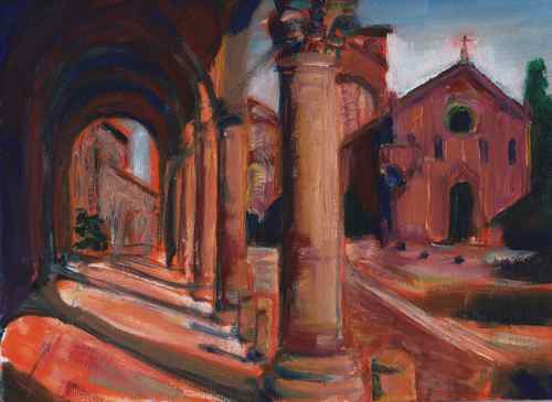 Oil painting of the square in front of Santo Stefano church in Bologna, Italy