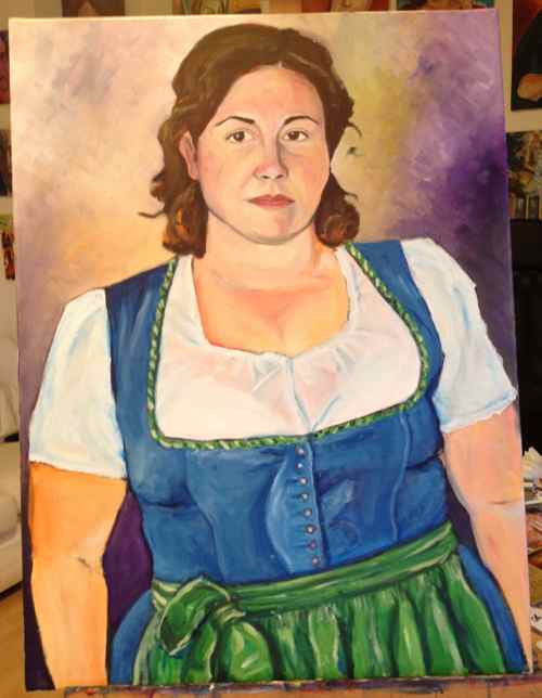 Portrait of Sarah in a dirndl, original oil painting in progress