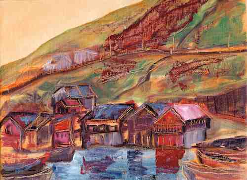 Oil painting: Colorful Faroe Islands village