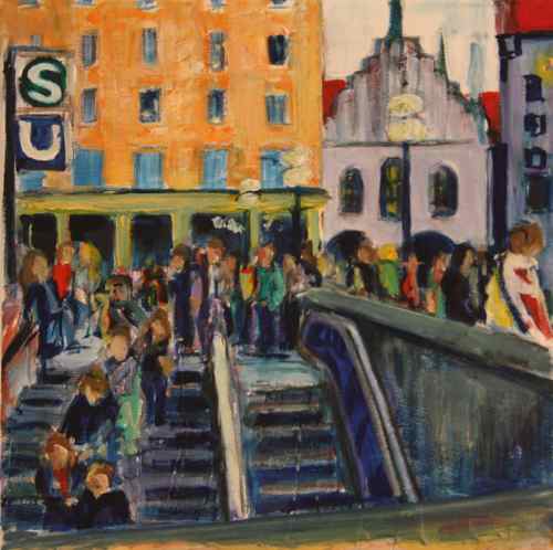 oil painting: Marienplatz, entrance to S/U