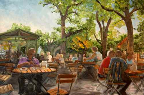 Original Oil Painting: a sunny day at a Munich Biergarten