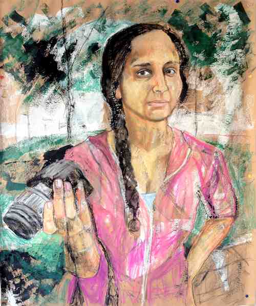 Woman with DSLR, mixed media on paper