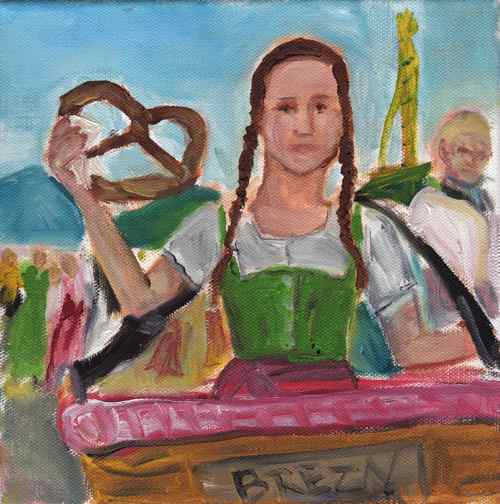 original oil painting: Oktoberfest pretzel seller wearing a dirndl