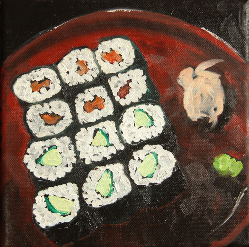 Sushi Rolls on a Red Plate original oil painting