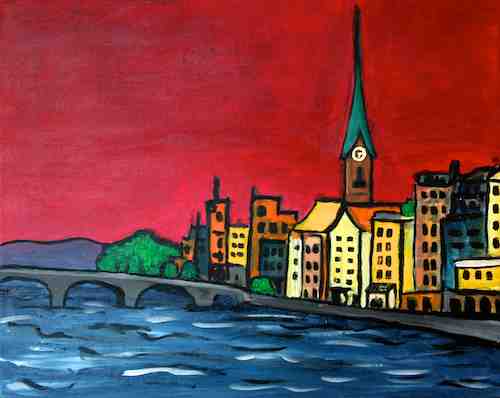 Zurich Red Sky original acrylic painting