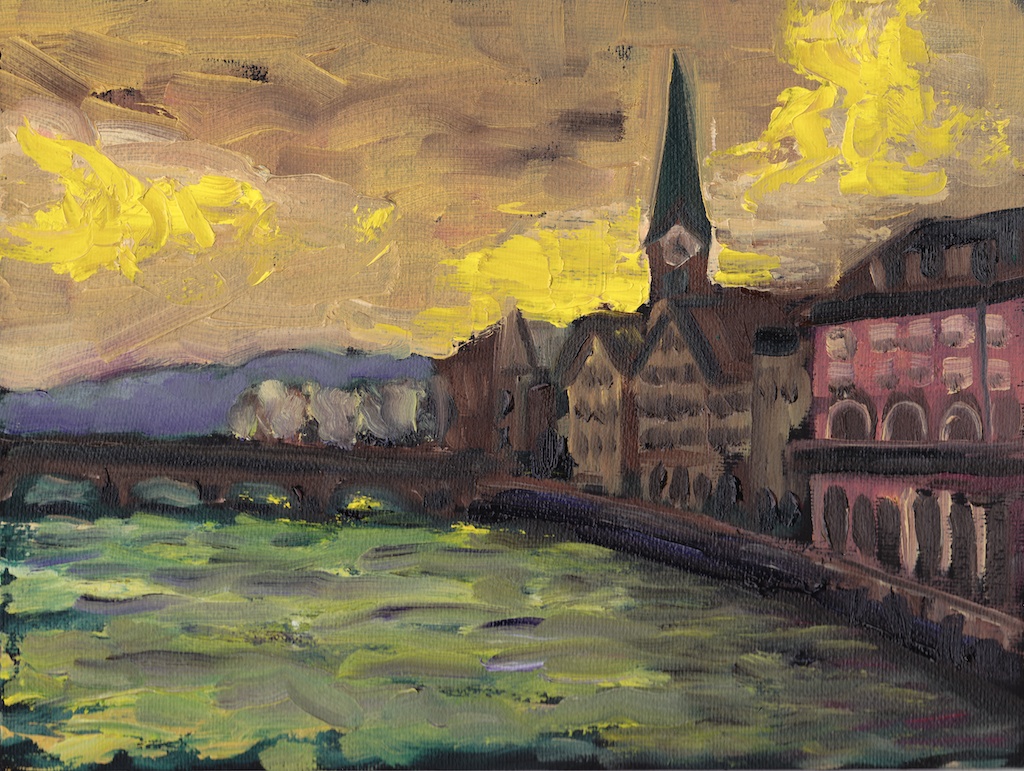 Zurich yellow sky original oil painting