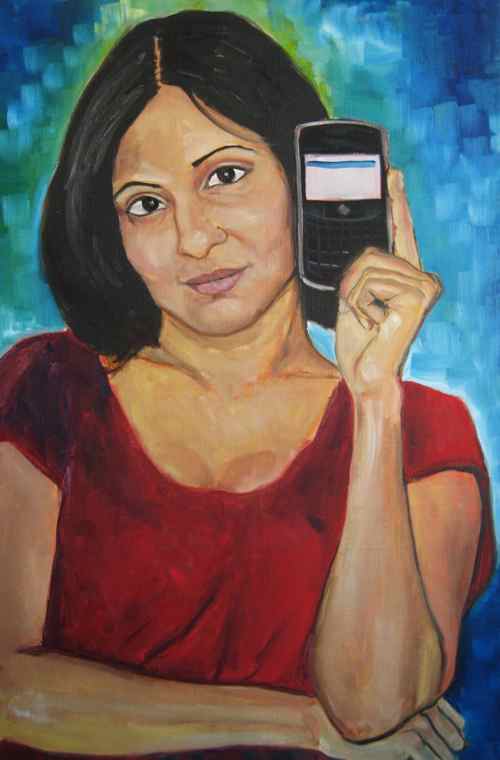 original oil painting: Woman with BlackBerry Bold 9000