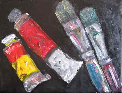 Original oil painting: Two paint tubes, two brushes