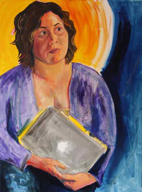 original oil painting in progress: woman with macbook air