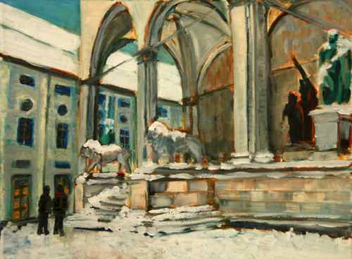 Painting: a snowy day in Odeonsplatz, Munich